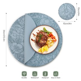 Round Placemats and Coasters Set of 4, Floral Leather Table Place Mats 34cm Dual Sided Placemats Non-Slip Heat Resistant Placemats Kitchen Coffee Table Mats Washable (Light Blue)