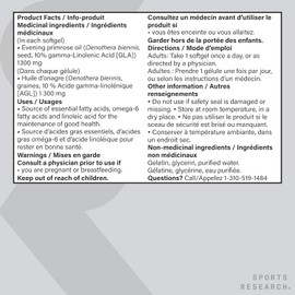 Sports Research­® Evening Primrose Oil 1300mg - Made from Cold Pressed Oil with GLA - Gluten Free · Non-GMO · Hexane Free - 30 Count Softgels