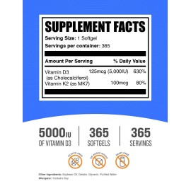 BulkSupplements Vitamina D3 + Vitamina K2 5000 UI Cápsulas Blandas, 365 Unidades (Pack de 1)