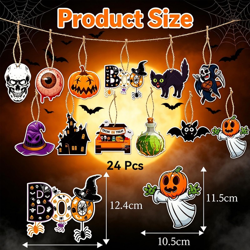 24 Halloween Tree Decorations, Paper Hanging Ornaments with Hanging Twine