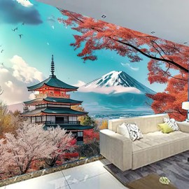 FENDROM Japanese Pink Sakura Tapestry Cherry Blossoms Temple Mountain Fuji Japan Wall Hangings Tapestry for Bedroom Living Room Dorm