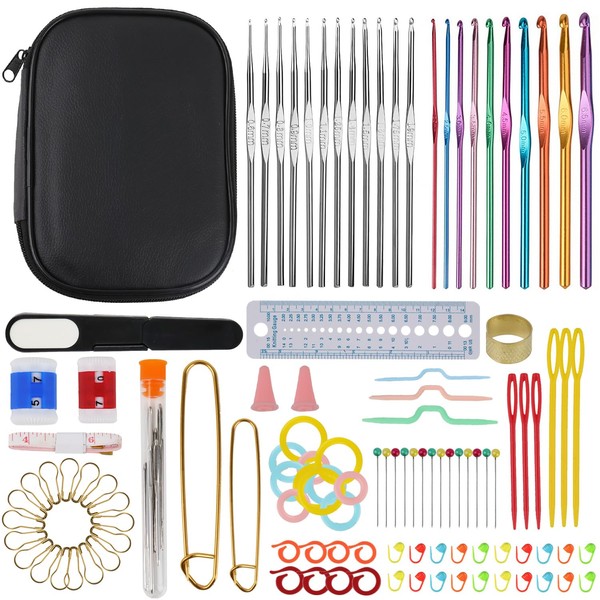 127-Piece Crochet Hook Set, Aluminium Colourful Ergonomic Crochet Hooks Set for Beginners, Crochet Hook Set with Storage Box, Blunt Needles, Stitch Mark, Accessories for Beginners and Experienced