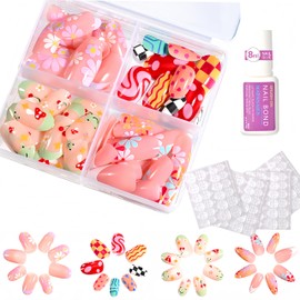96Pcs Almond Press-On Nails - Cute Floral Cherry Blossom Designs with Elegant Lines - Cartoon Fake Nails with Glue - Full Cover False Nail Tips for Women, Girls & Kids - Easy DIY Manicure at Home