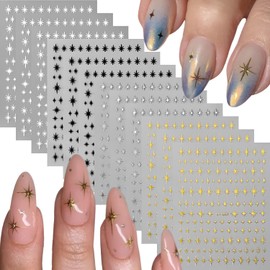 12 Sheets Star Nail Art Stickers 3D Self Adhesive White Black Silver Gold Nail Stickers for Nail Art Star Nail Decals Design Nails Art Supplies Accessories for Women Acrylic Manicure DIY Decoration