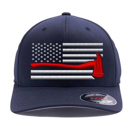 Thin Red Line Firefighter Axe USA Flag hat. Embroidered 6277 Flexfit Wooly Combed / 6477 Flexfit Wool Blend hat (Dark Navy, L/XL)