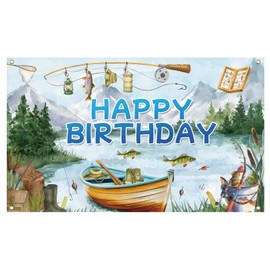 Fishing Theme Happy Birthday Flag Lake Scene with Boat and Fishing Gear for Men Fisherman Booth Supplies
