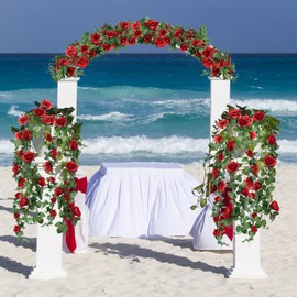 Syhood Artificial Rose Garlands Rose Vines Leaves Banners Hanging Fake Floral Garland Flower Vine for Wedding Arch Ceremony Home Garden Outdoor Party Wall Decorations, 14.4 ft(Wine Red,2 Pieces)