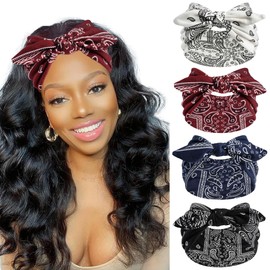 FULZTEY Bow Headbands for Women Wide Hairbands Vintage Large Headwrap Elastic Non Slip Workout Sports Head Band Knotted Thick Turban Cotton Bandanas for Hair Accessories 4Pcs