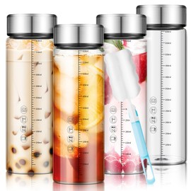Vesici 4 Pcs 20 oz Glass Water Bottles with Lids Wide Mouth Clear Reusable Glass Juice Bottles with Scale for Juicing, Smoothies, Milk, Protein, Beverage Storage, Stainless Steel Lids, Borosilicate