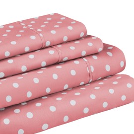 Superior Polka Dot 600 Thread Count Cotton Blend Sheet Set, Deep Pocket Sheets, Cotton Rich, Sateen Weave, Silky-Soft, Breathable Bedding, Retro Vintage Bedroom Basics, Twin XL, Pink