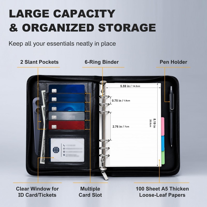Convend Zip Series Premium Faux Leather A5 6-Ring Portfolio Binder