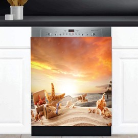 Starfish Dishwasher Door Magnet Sticker Cover Kitchen Decor,Sunset Glow Printed Magnetic Seashell Panels for Refrigerator, Ocean Sea Star Fridge Decal for Home Appliances 23''x26''