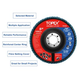 TOPEX 125mm Zirconia Flap Disc, 10 Pack - Professional Grade Sanding Wheels with 22.23MM Bore, Ideal for Metal Grinding, Polishing, and Deburring. Quality Abrasive Discs for Precision Work.