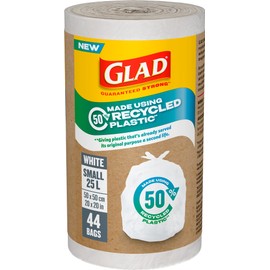 Glad White Garbage Bags - Small 25 Litres - Made using 50% Recycled Plastic, 44 Trash Bags