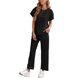 Famulily Tracksuit Womens Full Set Crew Neck Tops and Wide Leg Joggers, Ladies Travel 2 Piece Outfits Set Casual Summer Loungewear Leisure Suits (XL, Black)