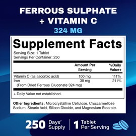 Vitamatic Ferrous Gluconate 324 mg + Vitamin C 100 mg (65 mg Elemental Iron) – High Potency Iron Supplement – Gentle on Stomach, No Artificial Colors – 250 Coated Tablets, Made in USA