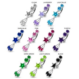 Red CZ Crystal Stone Two Round with Star and Leaf Dangling Reverse Bar 925 Sterling Silver Belly Ring Body Jewelry