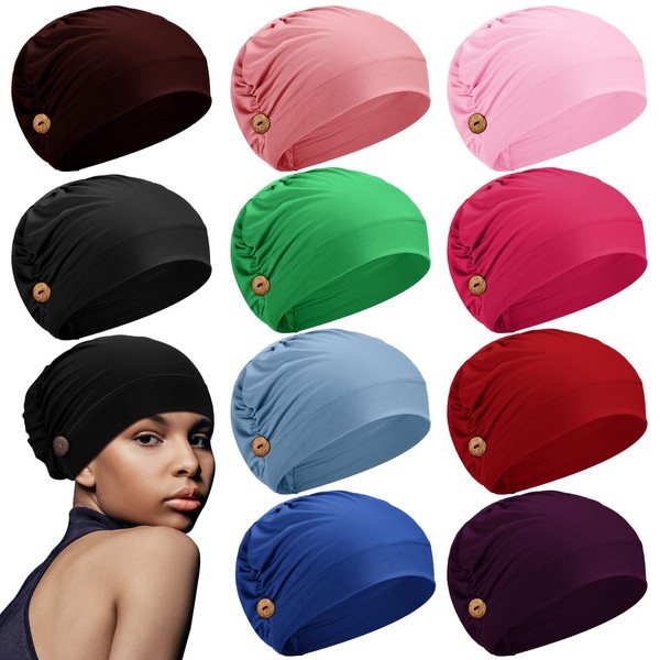 10 Pcs Soft Bouffant Caps with Buttons, Gourd-shape Caps Stretch Bouffant Hat Stretchy Headband Turban (Stylish Colors)