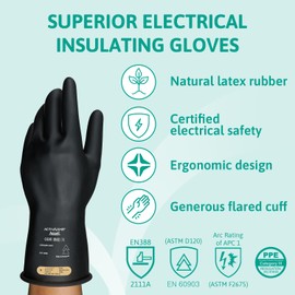 Ansell ActivArmr Electrician Work Gloves, Electrical Protection Class 00 (500V), Insulating Natural Rubber Latex Gloves, Industrial Safety PPE, 11 Inches, Black, Size M (1 Pair)
