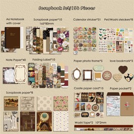 Irayin Vintage Scrapbook Accessory Set, 136 Pieces Bullet Journal Accessory Set with A6 Grid Notebook, Scrapbook Stickers, Travel Book Gift Set, DIY Gift for Girls Women (Coco)