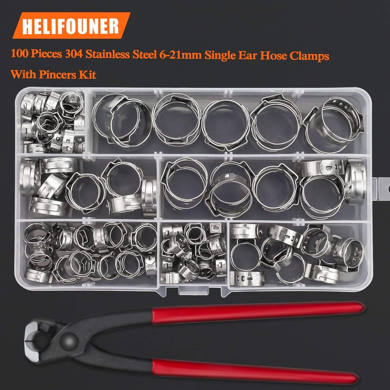 HELIFOUNER 100 Pieces 6-21mm 304 Stainless Steel Single Ear Hose