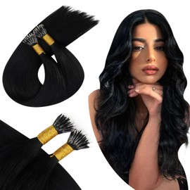 Ugeat Nano Bead Hair Extensions Black Nano Tip Hair Extensions Human Hair Jet Black Nano Link Cold Fusion Black Human Hair Extensions for Women 50g 50s 18 Inch