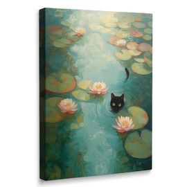 WGQNJDSD Monet Stye Vintage Black Cat in Water Lilies Botanical Canvas Wall Art, Retro Teal Nature Lotus Plant Pond Animal Painting Print Bathroom Home Decor Ready to Hang (16"x24")