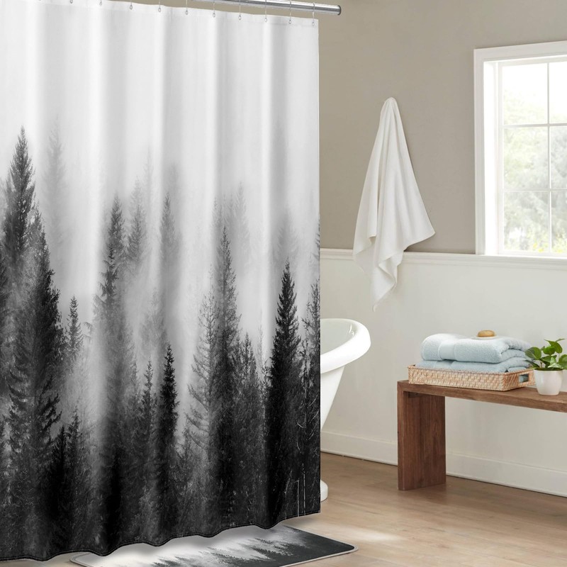 ORTIGIA Black and White Misty Forest Shower Curtain for Bathroom,