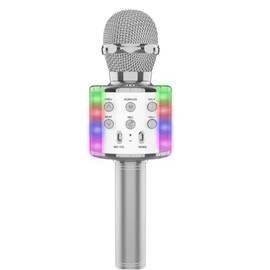 Wireless Karaoke Microphone with LED Lights, Bluetooth Speaker, Multi-Function Controls 4-in-1 portable Handheld Mic withSpeaker Player for singing For Party, great birthday Gift for kids (Silver)