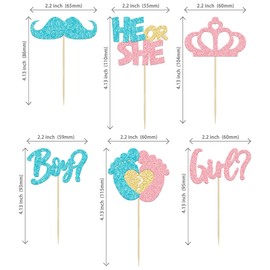 24 piezas de decoración para magdalenas para niño o niña, diseño de corona con purpurina, bigote, baby shower, diseño de él o ella, decoración de tartas para decoración de tartas para revelar género,