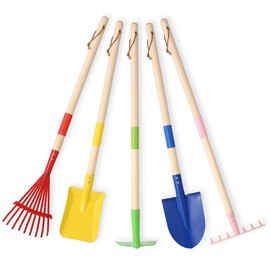 5 PCS 28" Detatchble Kids Gardening Tools, Metal Beach Digging Toys with Sturdy Wooden Handle, Safe Backyard Snow Sensory Playset Including Hoe, Tooth & Leaf Rakes, Flat & Pointed Shovels for Children
