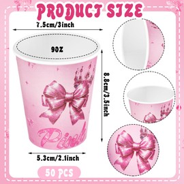 AmazingSpark 50 Pcs 9 oz Pink and Green Bow Paper Cups Crown Witch Hat Theme Disposable Coffee Cups Bulk Friendship Party Supplies Bow Birthday Party Decorations