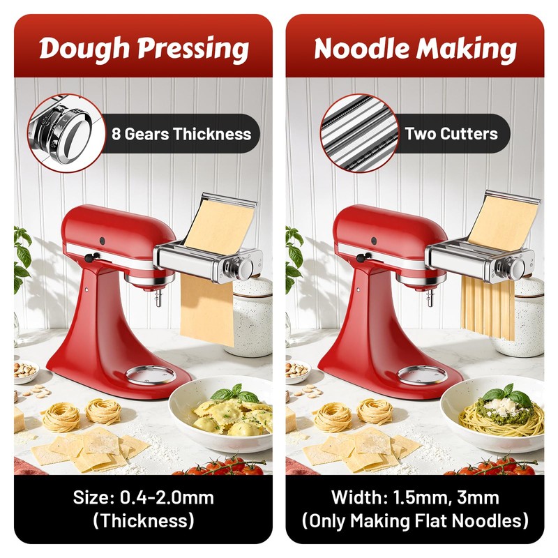 Pasta Attachment for KitchenAid Stand Mixer, 3-in-1 Stainless Steel Pasta