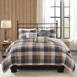Madison Park Reversible Quilt Cabin Lifestyle Plaid Design - All Season, Breathable Coverlet Bedspread Bedding Set, Matching Shams, Full/Queen(90"x90"), Neutral 6 Piece