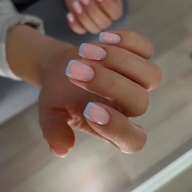 MUZOXEN French Tip Press on Nails Short Fake Nails Blue Nude Pink Square Acrylic Nails Full Cover Stick Glue on False Nails with Swirl Designs for Women - 24PCS