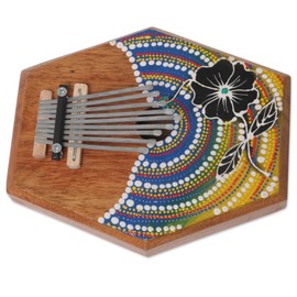 NOVICA Artisan Handcrafted Teak Wood Kalimba Thumb Piano Floral from Bali Multicolor Brown Woodsteel Indonesia Musical Instruments Keyboards [2.4in H x 7.5in W x 6.25in D] ' Hibiscus Melody'