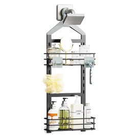 Orimade Adjustable Anti-slip Shower Caddy over Head, Rustproof Bathroom Hanging Organizer with 2 Hooks for Razor, No Drill Shower Shelves Storage Rack 2 Tier, Grey