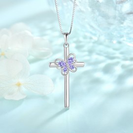 FJ Butterfly Cross Necklace 925 Sterling Silver June Birthstone Pendant Alexandrite Necklace Religious Crucifix Jewellery Gifts for Women