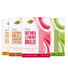Dove Plant Milk Cleansing Bar Soap Variety Pack 4 Count for Moisturized Skin, with 100% Gentle Cleansers, Sulfate Cleansers, or Parabens + 98% Biodegradable Formula