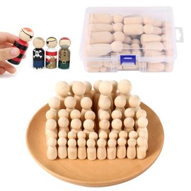 Wooden Peg Dolls Unfinished People, 50 Pcs Natural Wooden Pegs People Shape Doll for DIY Crafts, Family Peg Dolls for Kids Painting/Creative Art/Christmas Decoration Toy, with Storage Case (4 Sizes)