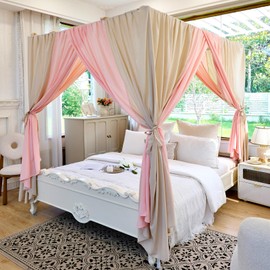 AIKASY Canopy Bed Curtains with Top Ties - Elegant Soft Drapes, Bed Canopy Drapes for Girls' and Adults' Bedroom Decor, Privacy Protection, Enhances Style （Queen，Khaki/Red Plum）