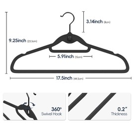 Fotoumgl Velvet Hangers 50 Pack Black, Non Slip Stackable Clothes Hangers with Cascading Hooks, Ultra Thin and Space Saving Felt Hangers with Tie Bar, 360° Swivel Hooks, Heavy Duty for Suit Shirt Pant