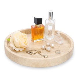 ELLDOO Natural Travertine Marble Vanity Tray, 9.8 Inch Round Luxury Decorative Tray for Bathroom Kitchen Dresser Nightstand, Beige Serving Plate Dish for Perfume Jewelry Candles, Table Accents Decor