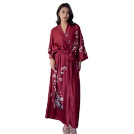 LOCIIXAT Women Summer Flower Print Kimono Long Satin Dressing Gown Robe, Red