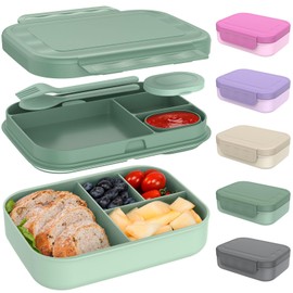 Caperci Stackable Bento Lunch Box for Adult & Teens - Reinforced Leak-Proof Lunch Container 4-Compartment with Utensils & Sauce Container, BPA-Free, Dishwasher/Microwave Safe, 47oz (Khaki Green)