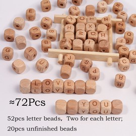 ToBeIT Wooden Beads Square Wood Beads Alphabet Letter Beads for Crafts DIY Handmade Decorations Craft Making (A-72Pcs)