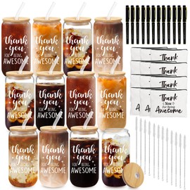 Fvntuey 12 Set Employee Appreciation Gifts Thank You Gifts Bulk for Coworker Staff Teacher Nurses, Thank You Glass Cups 16 oz Can Shaped Beer Glass Makeup Bag Ballpoint Pen for Women Men (Thank You)