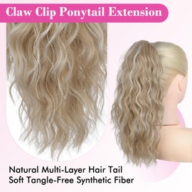 REECHO 14" Ponytail Extension, Claw Clip Ponytail Extension Fake Pony Tails Soft Wavy Multi Layered Clip in Hair Extensions Synthetic Hairpiece for Women HP002 - Light Blonde with Highlights