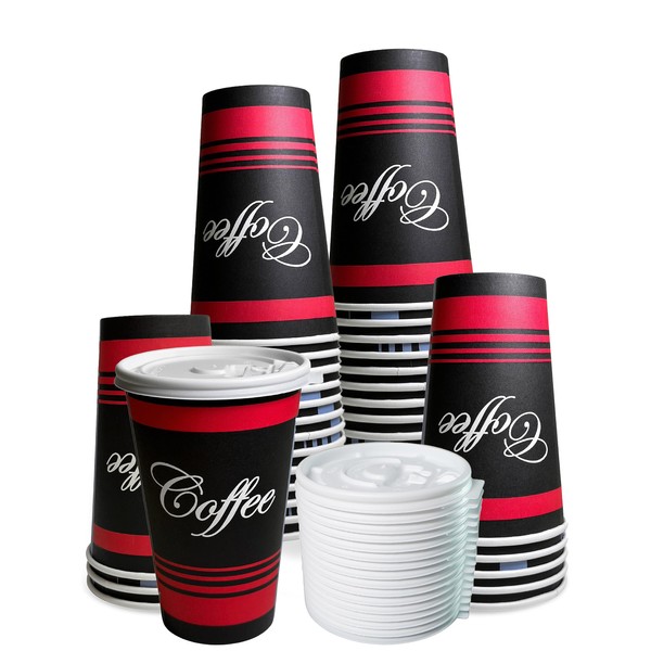 Large 16 oz 75 Count Paper Hot Cups with White Lids by EcoQuality - Classic Durable Disposable Paper Hot Coffee Cups For Hot/Cold Drink, Coffee, Tea, Cocoa, Travel, Office (16 Ounce - 75 Count Cups)