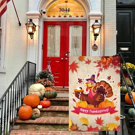 ZCHOMI Happy Thanksgiving Garden Flag 12x18 Inch Double Sided Burlap Fall Turkey Maple Leaves Harvest Thanksgiving Yard Flag for Seasonal Holiday Outside Patio Outdoor Thanksgiving Decor